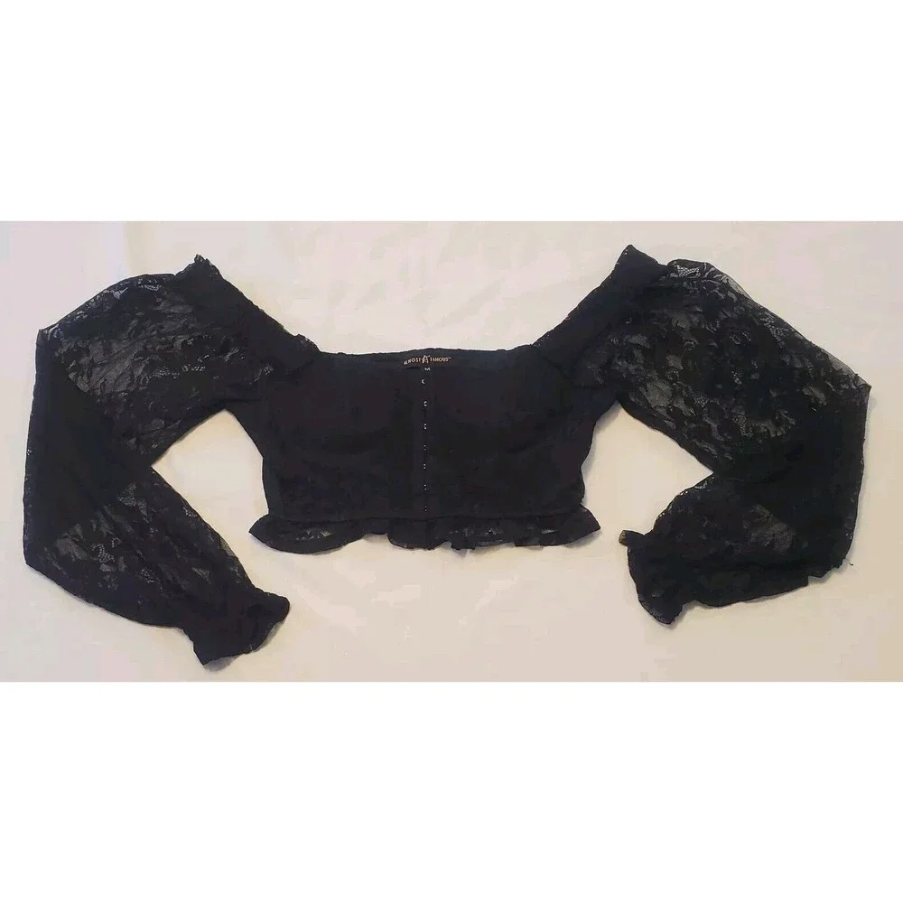 Womens Cropped Corset Puff Sleeve Blouse Sz M Black Lace Witchy Goblin Gothic